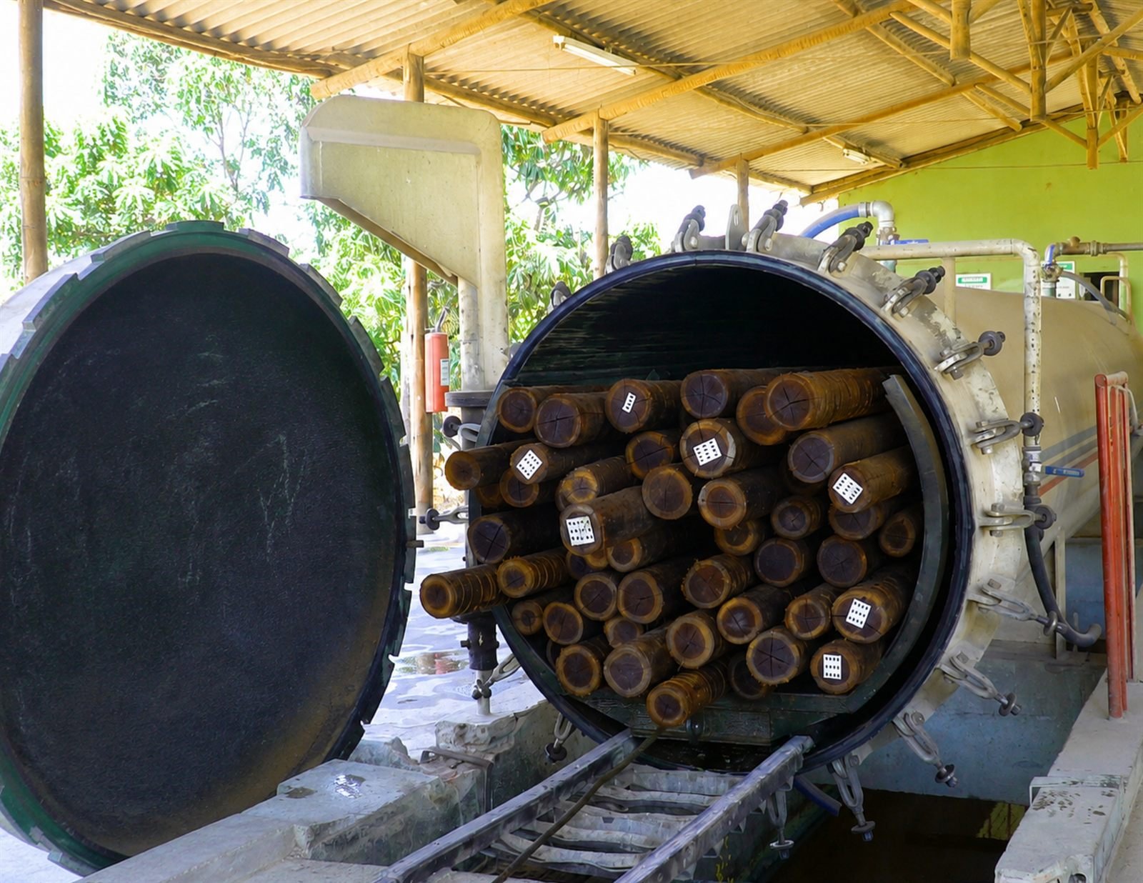 Toras de eucalipto dentro da autoclave durante o tratamento sob pressão