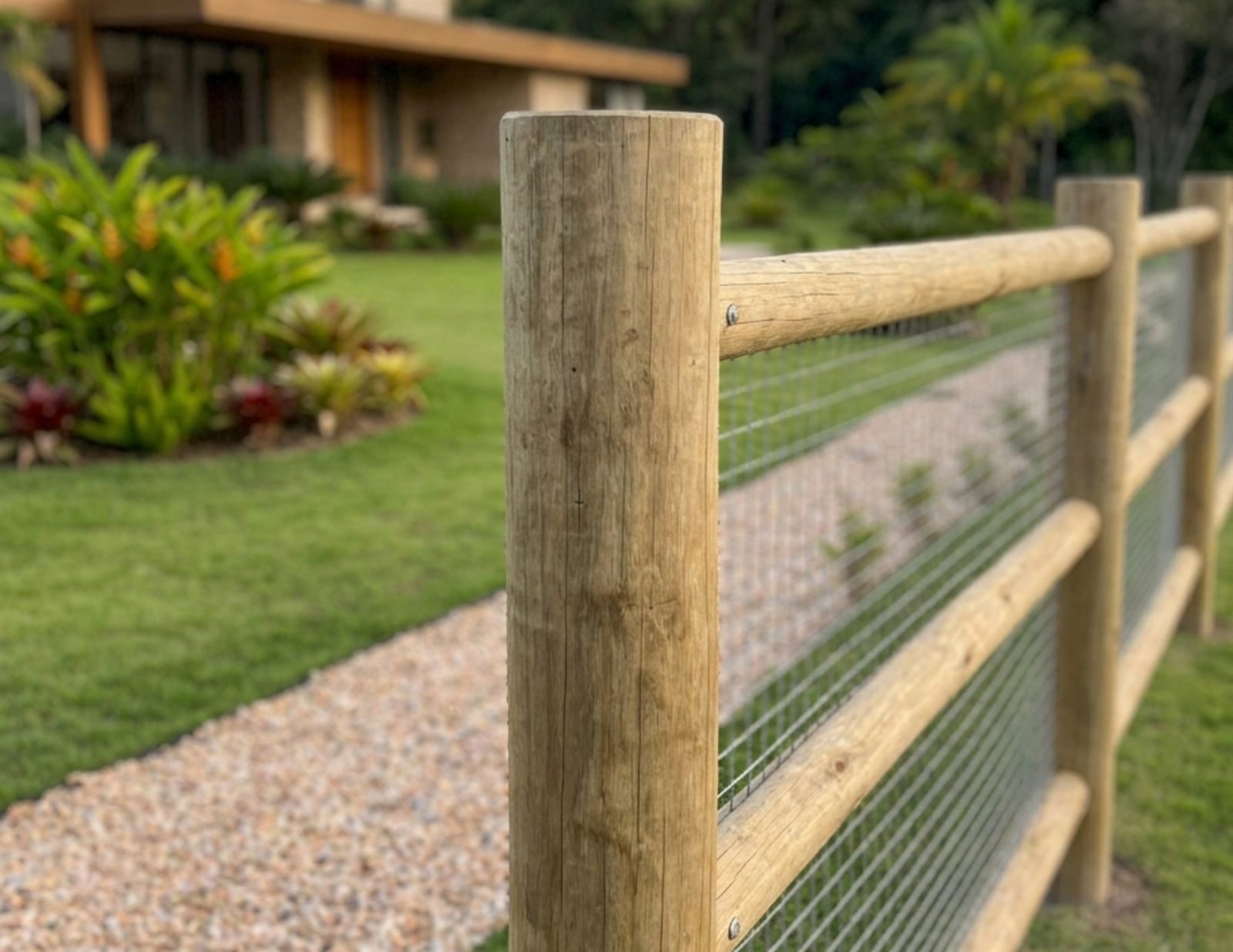 Cerca de mourões de eucalipto tratado em propriedade com jardim