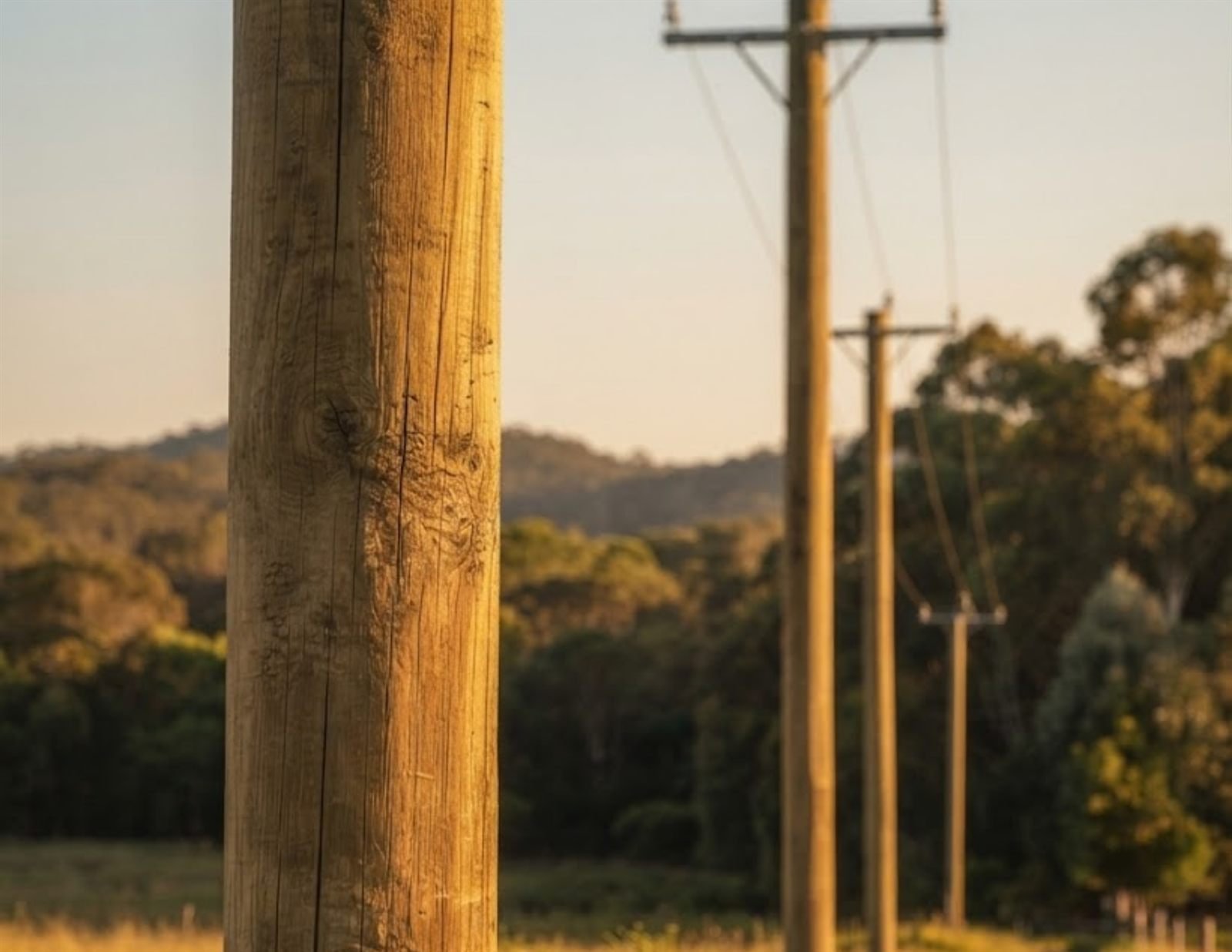 Linha de postes de eucalipto tratado para rede elétrica e de fibra óptica